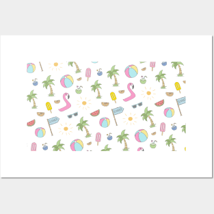 Pattern: Summer Fun (palm trees, flamingo pool float, and fruity tropical drinks) Posters and Art